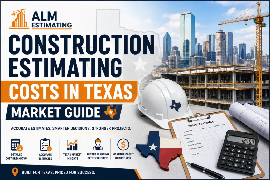 Construction estimating costs in Texas market guide with skyline, jobsite, cost calculator and ALM Estimating