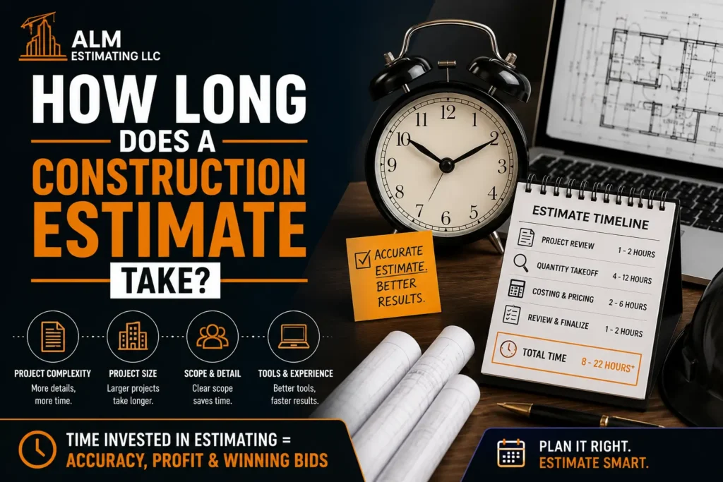 Construction estimating service feature image with contractor bid planning, takeoff software, and ALM branding