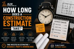 Construction estimating service feature image with contractor bid planning, takeoff software, and ALM branding