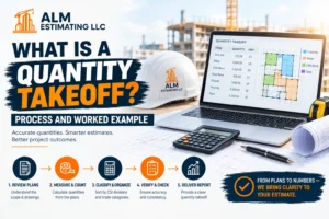 Construction quantity takeoff process showing plans, measurements, material quantities, verification, and reporting.