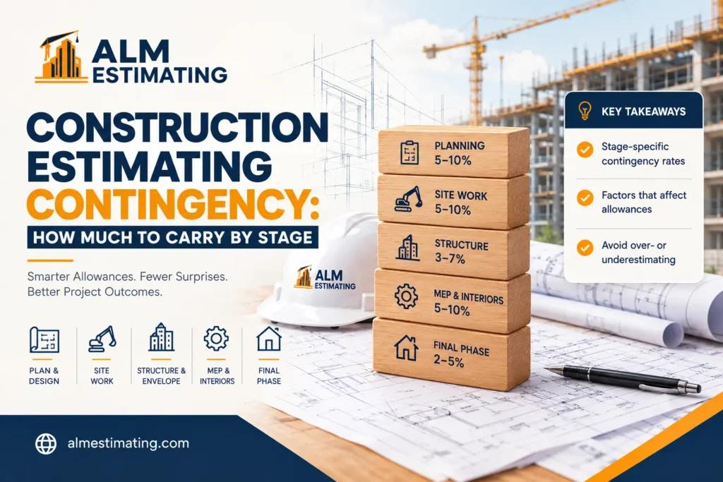 Construction estimating contingency by project stage, with planning, site work, structure, MEP, and final phase cost allowances by ALM Estimating.