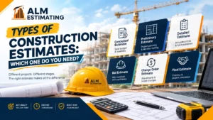 Types of construction estimates explained by ALM Estimating, from conceptual and preliminary to detailed, bid, and final estimates.