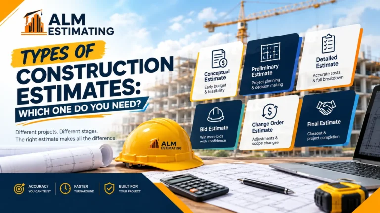 Types of construction estimates explained by ALM Estimating, from conceptual and preliminary to detailed, bid, and final estimates.