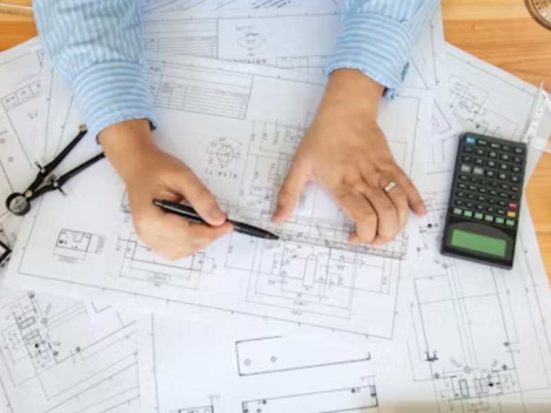 Engineer analyzing technical drawings with calculator and tools, reflecting ALM Estimating’s precision and reliability
